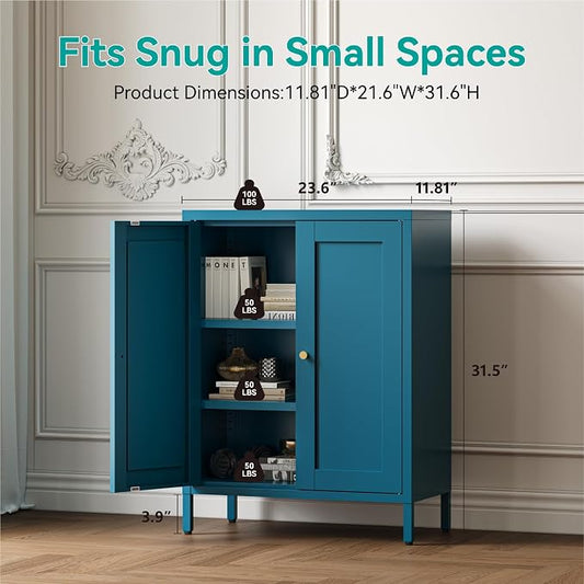 Metal Floor Storage Cabinet, Small Freestanding Sideboard Storage with 2 Adjustable Shelves for Bathroom Entryway Living Room Dining Room Coffee bar Kitchen,11.8"D x 23.6"W x 31.5"H,3-Tier,Teal Blue