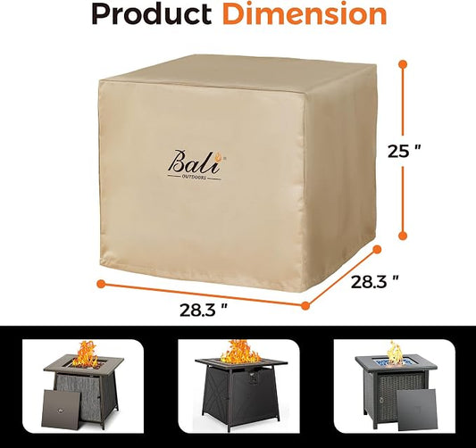BALI OUTDOORS Square Durable Fire Pit Cover, 600D Heavy Duty with PVC Coating, Khaki, 28.3'' x 28.3'' x 25''