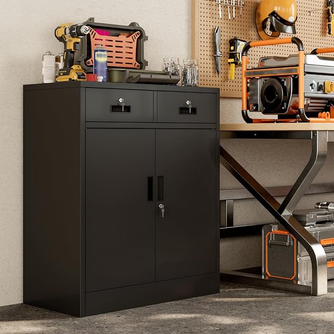 BESFUR Metal Garage Storage Cabinet with Two Lockable Drawers 2 Locking Doors and an Adjustable Shelf, 36" Black Metal Short Storage Cabinet for Home Office,Garage,School,Utility Room