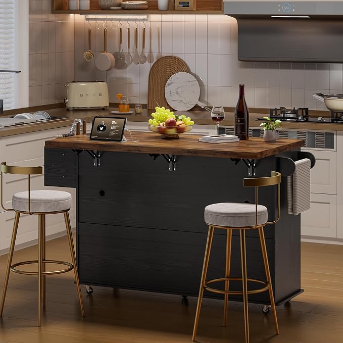 ONBRILL 60" Kitchen Island with Power Outlet & Drop Leaf, Rolling Island with Spice Rack & Towel Rack, Kitchen Island Cart with Trash Storage Cabinet, Island Table for Kitchen, Black+Rustic Brown