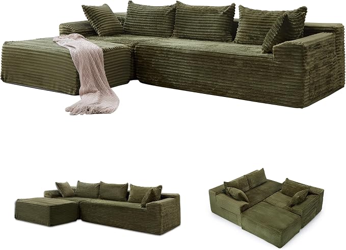 Korser 108" L-Shaped Modular Sectional Sofa with Chaise, Boneless Comfy Corduroy Fluffy Couch with Deep Seat and Side Pockets, Flexible Module Combination for Living Room, No Assembly, Side Pockets