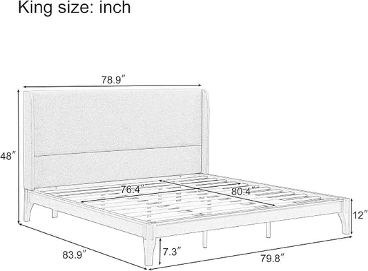 Merax Mid-Century Bamboo Platform Bed with 48" Upholstered High Headboard, King Size Bed Frame with Wood Slat Support, No Box Spring Needed, Easy Tool-Free Assembly, Beige+ Chocolate