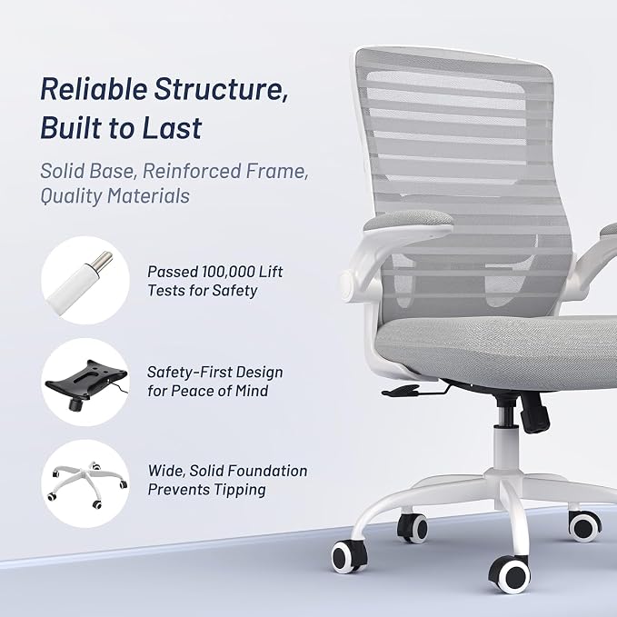 Office Chair for Long Hours & Back Pain Relief – 4" Molded Foam Cushion, Padded Lumbar Support, and Padded Flip-up Armrests, Ideal for Office or Study, Light Gray