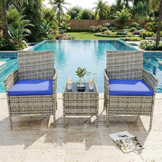 3 Piece Outdoor Patio Furniture Set, All-Weather PE Rattan Wicker Chairs with Waterproof Cushions & Tempered Glass Side Table, Modern Conversation Set for Garden, Backyard, Porch, Poolside, Gray/Blue