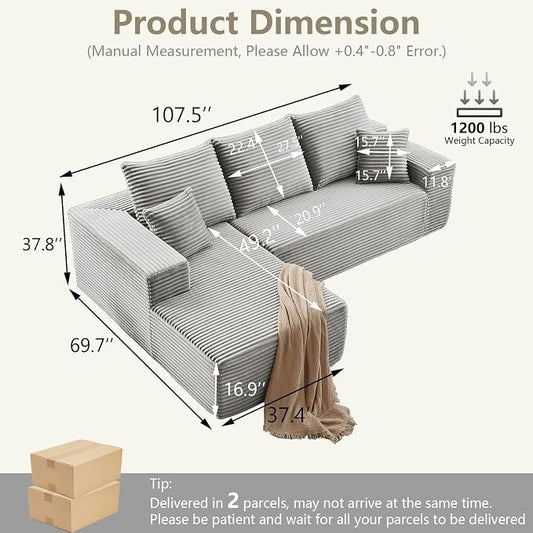 107" Cloud Sectional Couch with L-Shape Chaise, Modern Modular Comfy Sofa with Deep Seat, Upholstered Corduroy Couches Sleeper Chaise Longue for Living Room Bedroom, No Assembly Required, Grey