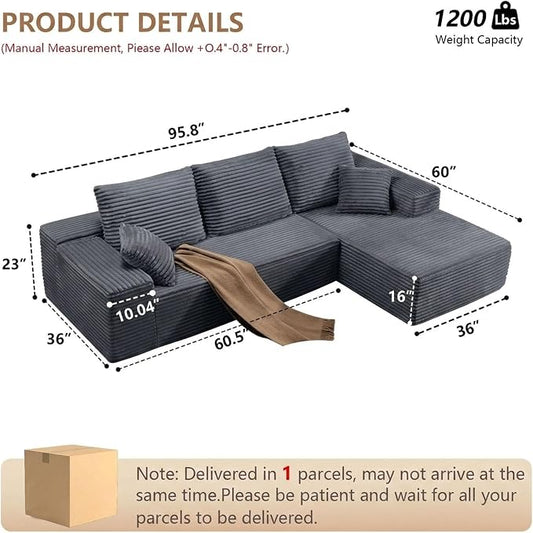Sectional Couches for Living Room Cloud Couch Sofa with L-Shape Couch in a Box Upholstered Boneless Couchs Modern Modular Sectional Couch with Chaise (Dark Grey,B-3 Seater-Right-Facing Chaise-96inch)