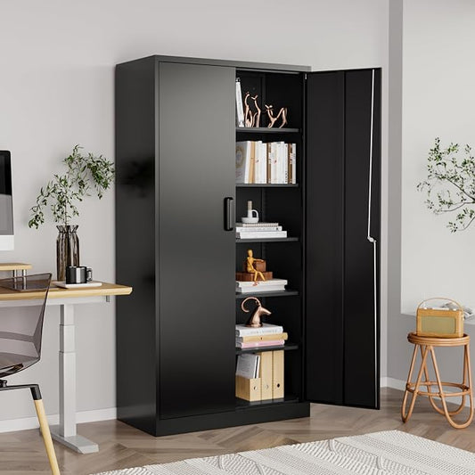 72"H Metal Storage Cabinets, Tall Locking Garage Cabinet with 2 Doors and 5 Adjustable Shelves, Steel Utility Tool Caninet, Black Lockable Outdoor Storage Cabnet for Pantry, Garage, Home Office