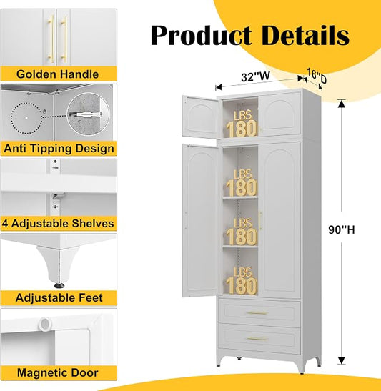 SteeLoong Kitchen Pantry Cabinet,90" Storage Cabinets with Doors and Shelves,Metal Pantry Cabinet with 2 Drawers,White Kitchen Cupboard for Livingroom,Pantry, Bathroom