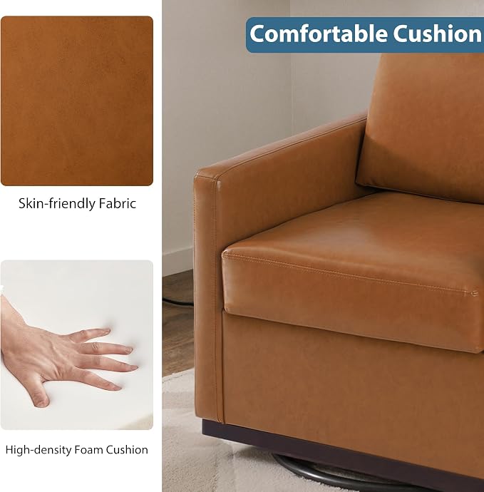 360° Swivel Accent Chair, 31" Wide Faux Leather Upholstered Club Armchairs for Living Room, Comfy Square Swivel Barrel Chair with Metal Base, Light Brown
