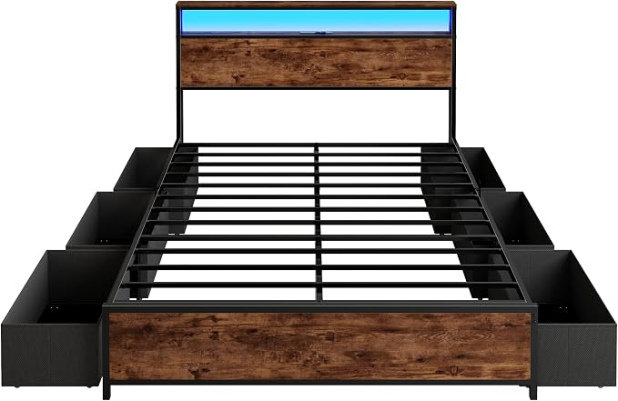 Forestell Queen Bed Frame with Headboard & 6 Drawers, Metal Platform Bed Frame Queen Size with Charging Station,LED Lights,2 Tier Shelf Storage Bedframe-No Box Spring Needed,Noise Free,Rustic Brown