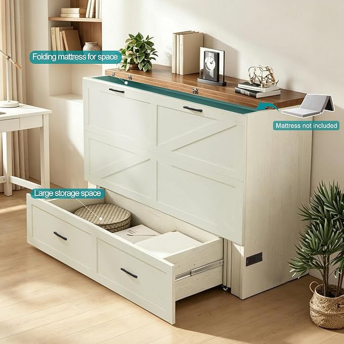 Queen Murphy Bed with Charging Station Large Storage Drawer Farmhouse Wood Space Saving Hidden Foldable Cabinet Bed for Bedroom Office School, Rustic White