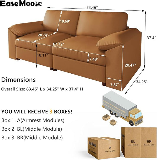 EASE MOOSE Loveseat Sofa for Living Room,Oversized Deep Seat Modular Sectional,Modern Comfy 2 Seater Sofas,Scratch Resistant Faux Leather Couch for Small Spaces, Brown