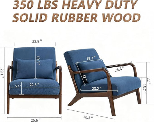 Mid Century Modern Accent Chair with Wooden Frame & Linen Upholstery, Comfortable Mid Century Lounge Chair with Pillow, Wooden Accent Chair for Living Room, Bedroom or Reading Corner