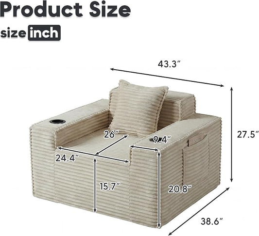 Boneless Sofa Couch with Cup Holders & Side Pockets, Modern Corduroy Fabric Deep Seat Single Cloud Couch for Reading Living Room Office, No Assembly (Camel)