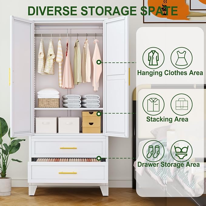 winiowa Metal Armoire Wardrobe Closet with 2 Drawers, 71" Wardrobe Cabinet with Adjustable Shelves and Hanging Rod, Clothing Storage Cabinet Closet for Bedroom-White