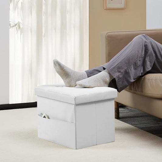 Bsketa Storage Ottoman Foot Rest Stool, Small Leather Storage Ottomans Bench, Folding Footstool with Side Pockets, Foot Rest Under Desk for Living Room Bedroom, 17x13x13 in, White