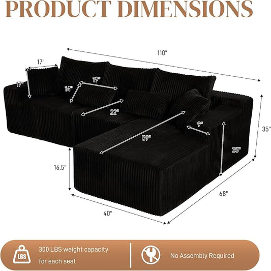 110" L Shaped Cloud Boneless Sectional Couches for Living Room, Modern Comfy Modular Deep Seat Memory Foam Compressed Corduroy Sofa Oversized Right Facing Chaise, No Assembly Required, Balck