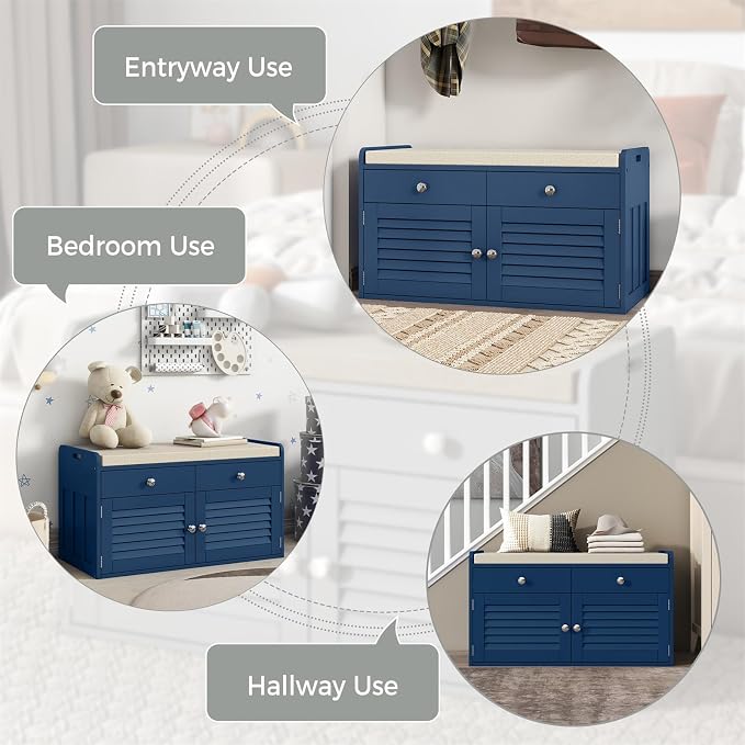 WARMHONIU Shoe Storage Bench with 2 Drawers, Entryway Bench with Cushion, Adjustable Shelves, Shoe Rack Bench with Louvered Doors for Entryway, Bedroom, Hallway, Blue