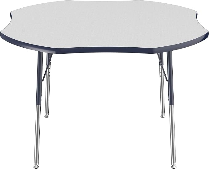 FDP Clover Activity School and Office Table (48 x 48 inch), Standard Legs with Swivel Glides for Collaborative Seating Environments, Adjustable Height 19-30 inches - Gray Top and Navy Edge