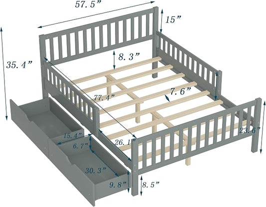Bellemave Kids Full Size Bed Frame with Storage Drawers, Wood Full Bed Frames for Kids, Full Bed Frame with Headboard and Footboard for Boys Girls, No Box Spring Needed,Gray