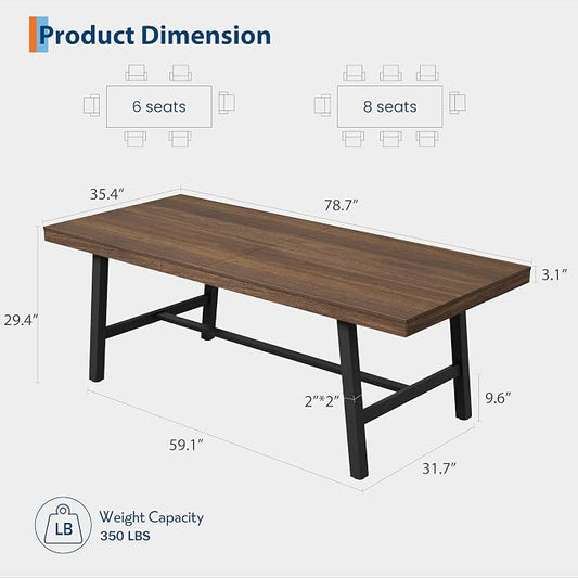 GarveeHome Industrial Dining Table for 6-8 People, 78.7" Long Large Kitchen Table with Sturdy Metal Frame, Rectangular Counter for Dinner, Kitchen, Dining Room (Brown, 79" Non-extendable)