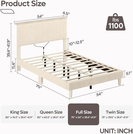 Bestier Full Bed Frame with Adjustable Headboard & LEDLighting, Corduroy Upholstered Platform Bed Frame withStorage Shelf, Solid Wood Slats, No Box Spring Needed,Never Squeak, Easy Assembly, Beige