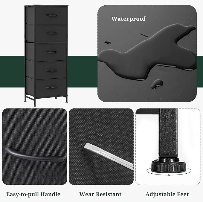 5 Drawers Dresser for Bedroom, Fabric Storage Tower Organizer with Wooden Top and Steel Frame, Tall Chest of Drawers for Closet, Entryway, Dorm, Black