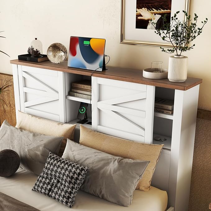 Farmhouse 3-Pieces Bedroom Sets, Full Size Wood Platform Bed with Nightstand and Dressing Table, Full Beds Frame with Double Sliding Door Headboard and Charging Station (White, Full)