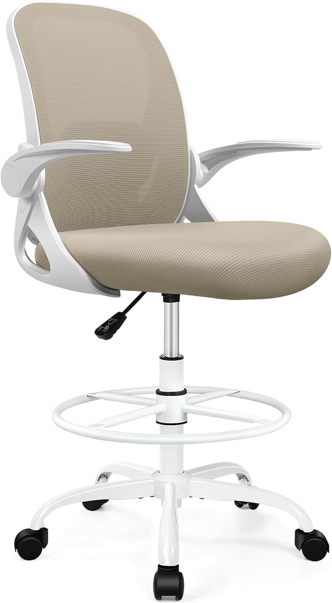 Drafting Chair Tall Office Chair with Flip-up Armrests, Adjustable Height, and Enhanced Lumbar Support - Ergonomic Rolling Stool, Back Support, and Adjustable Foot Rest Ring for Standing Desk Khaki