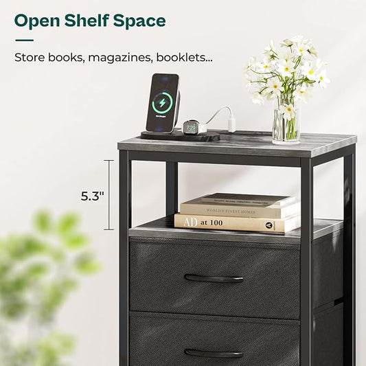 Huuger Nightstands Set of 2, 27.6 Inch End Tables with Charging Station, Fabric Drawers, Bedside Tables with USB Port and Outlet, Night Stands for Bedroom, Charcoal Gray