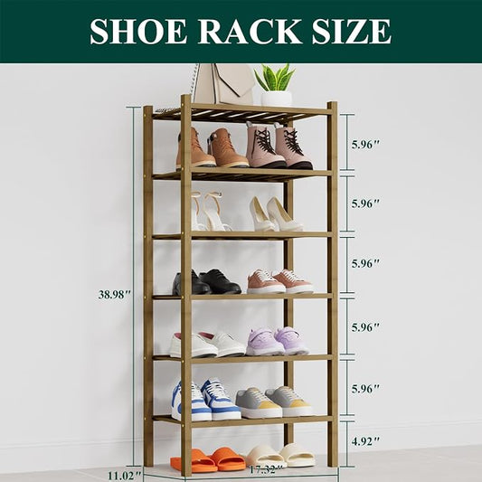 Smiry Small Bamboo Shoe Rack, 6 Tier Free Standing Wooden Shoe Organizer, Stackable Wood Shoe Storage Shelf for Closet, Entryway, 14 Vertical Slats, 2+2+2 Stack Thicker Legs, 17.3"x11"x39", Walnut