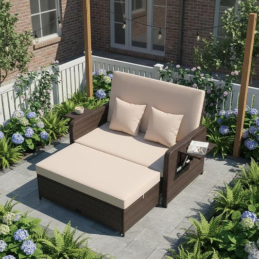 Tangkula Patio Rattan Daybed with 4-Level Adjustable Backrest, Outdoor PE Wicker Loveseat with Storage Ottoman & Folding Side Tray, Double Sunbed Lounger for Balcony, Backyard & Poolside