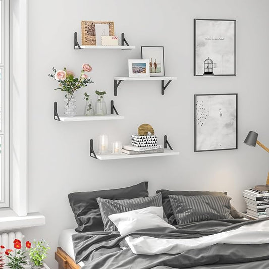 YGEOMER White Floating Shelves for Wall, Different Sizes Rustic Wall Shelves for Living Room, Bathroom, Bedroom, Kitchen, Home Decor (Set of 4)