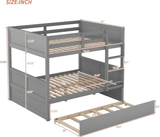 Merax Trundle Bunk Bed, Full Over Full Wood Bunk Bed with Twin Size Trundle, Guardrail and Ladder, Can be Separated into 2 Beds, Grey