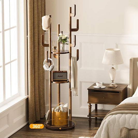 Yoobure Rotary Coat Rack Freestanding - Solid Wood Coat Tree with 9 hooks & 3 Storage Shelves for Purse, Bag, Jacket, Hat, Corner Hanger Stand Racks for Hall, Entryway, Office, Modern Clothes Holder