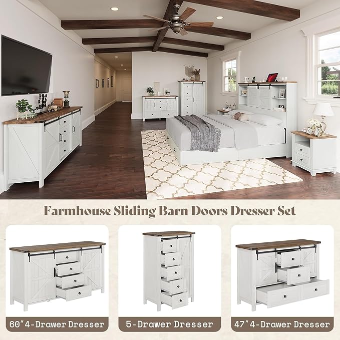 AMERLIFE 3-Piece Farmhouse Furniture Set with Sideboard Cabinet and Nightstands Set of 2, Sliding Barn Door Wood Storage Cabinet Set for Bedroom, Dining Room, Distressed White