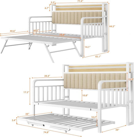 Daybed with Trundle and LED Light, Heavy Duty Metal Twin Bed Frame with Upholstered Storage Headboard & Charging Station, Day Bed Pop Up Trundle Bed Twin for Living Room,Bedroom and Guest Room, White