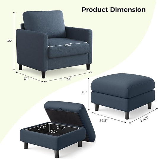 Welzona Sofa Accent Chair with Ottoman, 33" Reading Chair and Ottoman Set for Bedroom, Tool-Free Setup Living Room Accent Chairs, Comfy Arm Chairs Living Room, All-Wood Reading Nook, Blue Grey