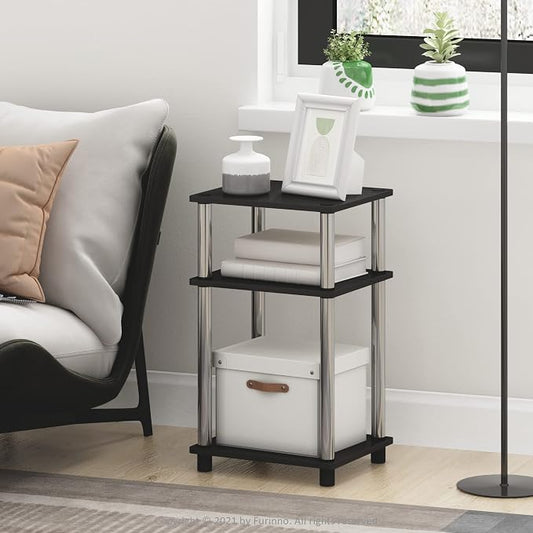 Furinno JUST Side Table Set of 2, 3-Tier Modern End Tables, Open Shelves Night Stand, Nightstand Set, Toolless Assembly, for Living Room, Bedroom, Americano/Stainless Steel