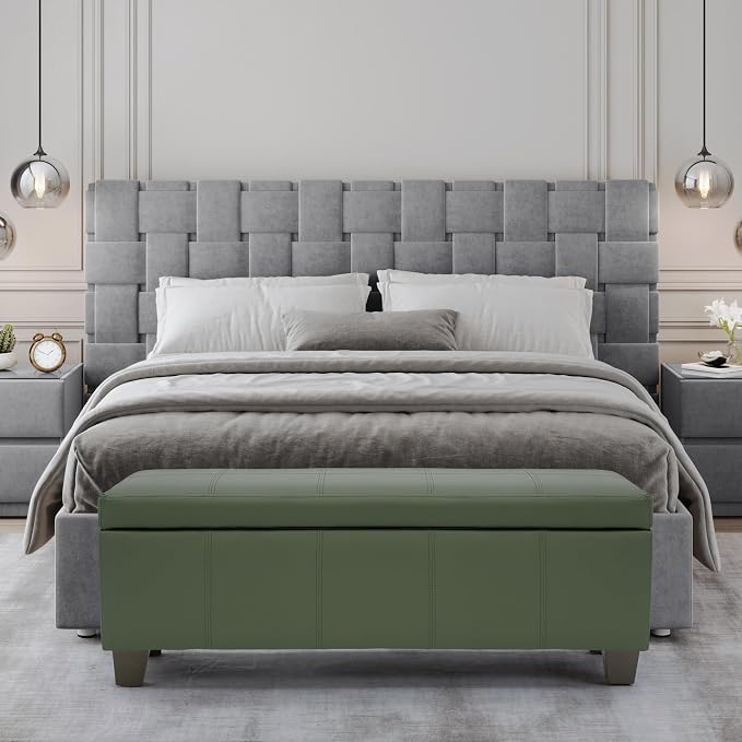 51 Inch Storage Ottoman, Storage Bench with Safety Hinge, Upholstered Synthetic Leather Ottoman Bench for Bedroom, Living Room, Entryway, Hallway, Foot Rest, Support 500lbs