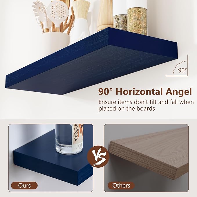 fuqing Blue Floating Shelves for Wall - Wood Wall Shelves Set of 3 - Dark Blue Shelves for Room Decor & Storage in Bedroom Living Room Bathroom Kitchen