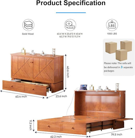 PUREMIND Queen Murphy Bed, Hideaway Murphy Cabinet Bed with 2 Storage Drawers, Space-Saving Chest Beds with USB Charging Ports and Headboard for Bedroom, Guest Room