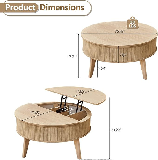 Round Lift Top Coffee Table with Storage, 35.4'' Fluted Wood Center Table Mid Century Modern Coffee Table with Lifting Top for Living Room, Office, Small Space (Natural)