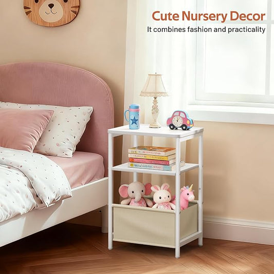 MISSLO Toddler Nightstand with Storage Basket Kids Night Stand with Large Tabletop Nursery Side Table for Living Room Easy Assembly Small End Tables for Small Spaces Toddler Bedroom Decor, White