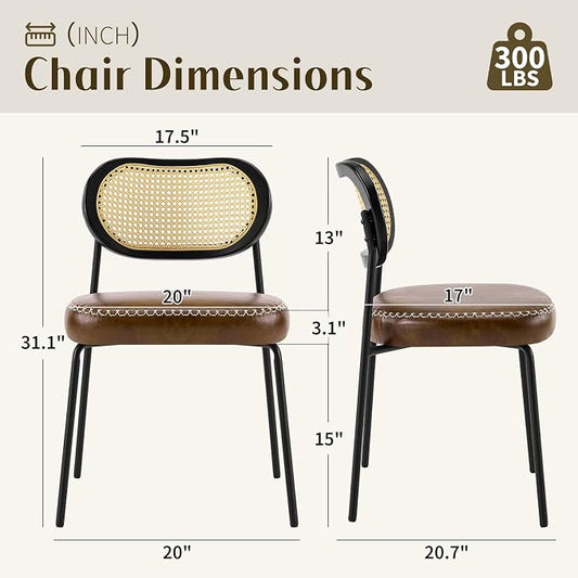 Rattan Dining Chairs Set of 2, Upholstered Dining Chairs with Handwoven Cane Back, Mid Century Modern Kitchen & Dining Room Chairs with Thick Cushion and Metal Frame, 300 lbs Capacity, Brown