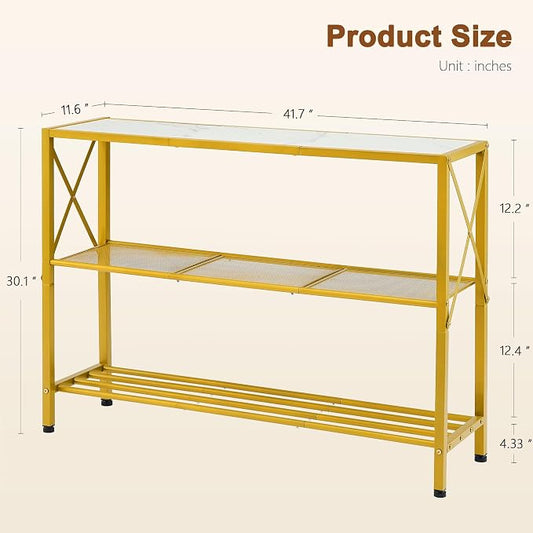 Hoctieon Gold Console Table, 3 Tier Entryway Table with Shelves, Narrow Sofa Table for Hallway, Living Room, Foyer, Office, 42" x 12", Gold and White