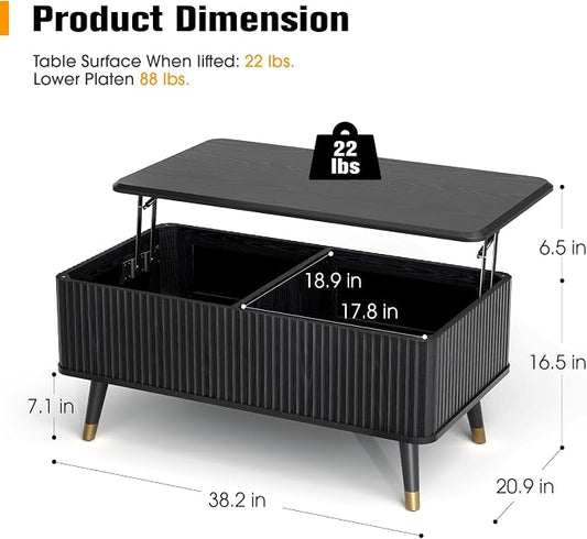 Lift Top Coffee Table with Storage, Modern Coffee Table with Solid Wood Legs, 38" Minimalist Fluted Center Table for Living Room, Home Office, Black