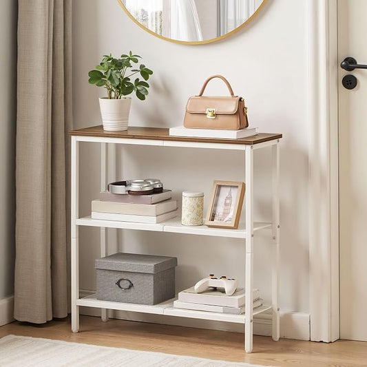 HOOBRO 29.5" Narrow Console Table, 3 Tier Entryway Table with Shelves, Thin Sofa Table, Behind Couch Table, Display Side Table, for Hallway, Entrance, Living Room, Walnut and White WH73XG01