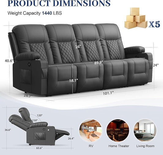 4 Seater Recliner Sofa, Home Theater Seating with Storage & Pocket, 4 Seat Reclining Couch with USB Ports & Phone Holders, Wall Hugger RV Sofa Furniture Loveseat Recliner Couch