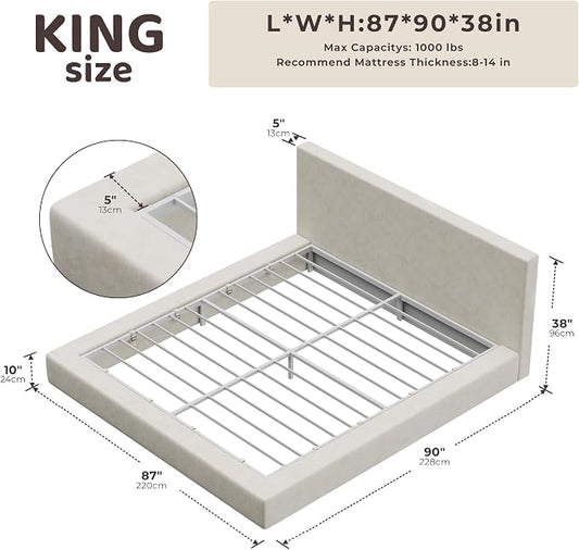 RECCI AirFrame King Size Bed Frame with Headboard, Cloud Upholstered Platform Bed Frame, 5 Inch Foam Cushioned, No Box Spring, Easy Assembly(Beige Chenille)